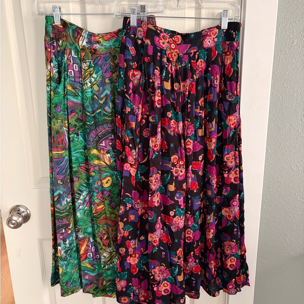2 Vintage Carole Little Green Multicolor Abstract Print Pants